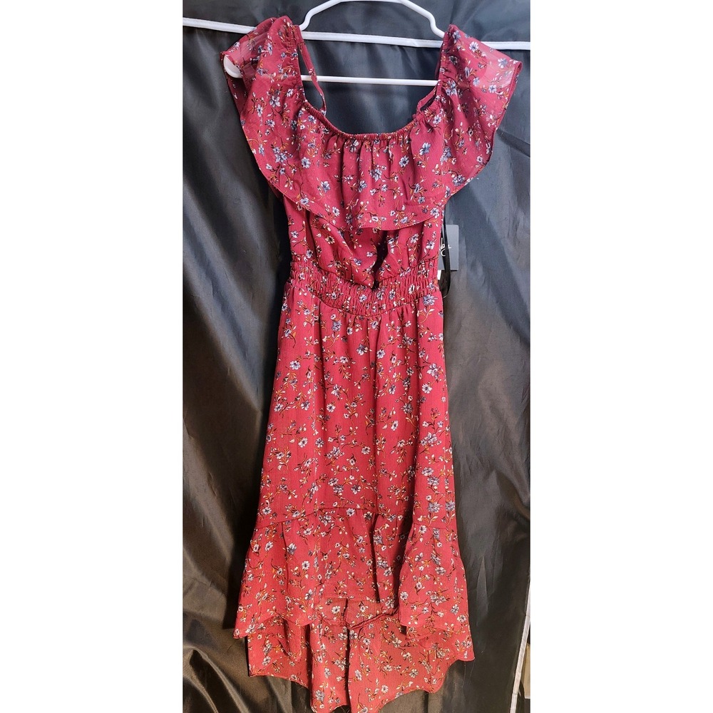 By & By Women Red Floral High-Low Ruffle Dress Smocked Waist XS NWT
